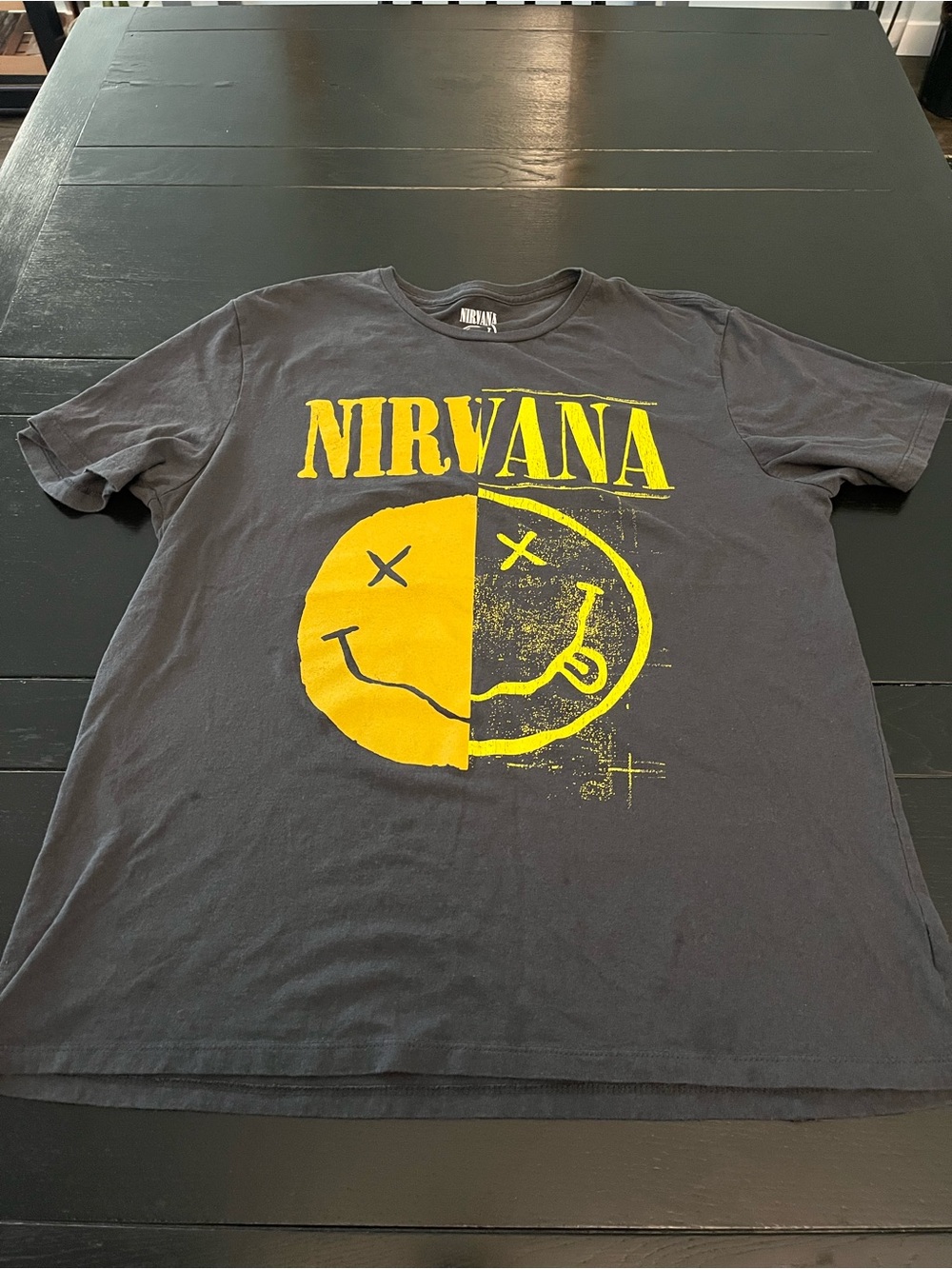 NIRVANA Black Short-Sleeve Tee with Yellow Split Smiley Graphic
